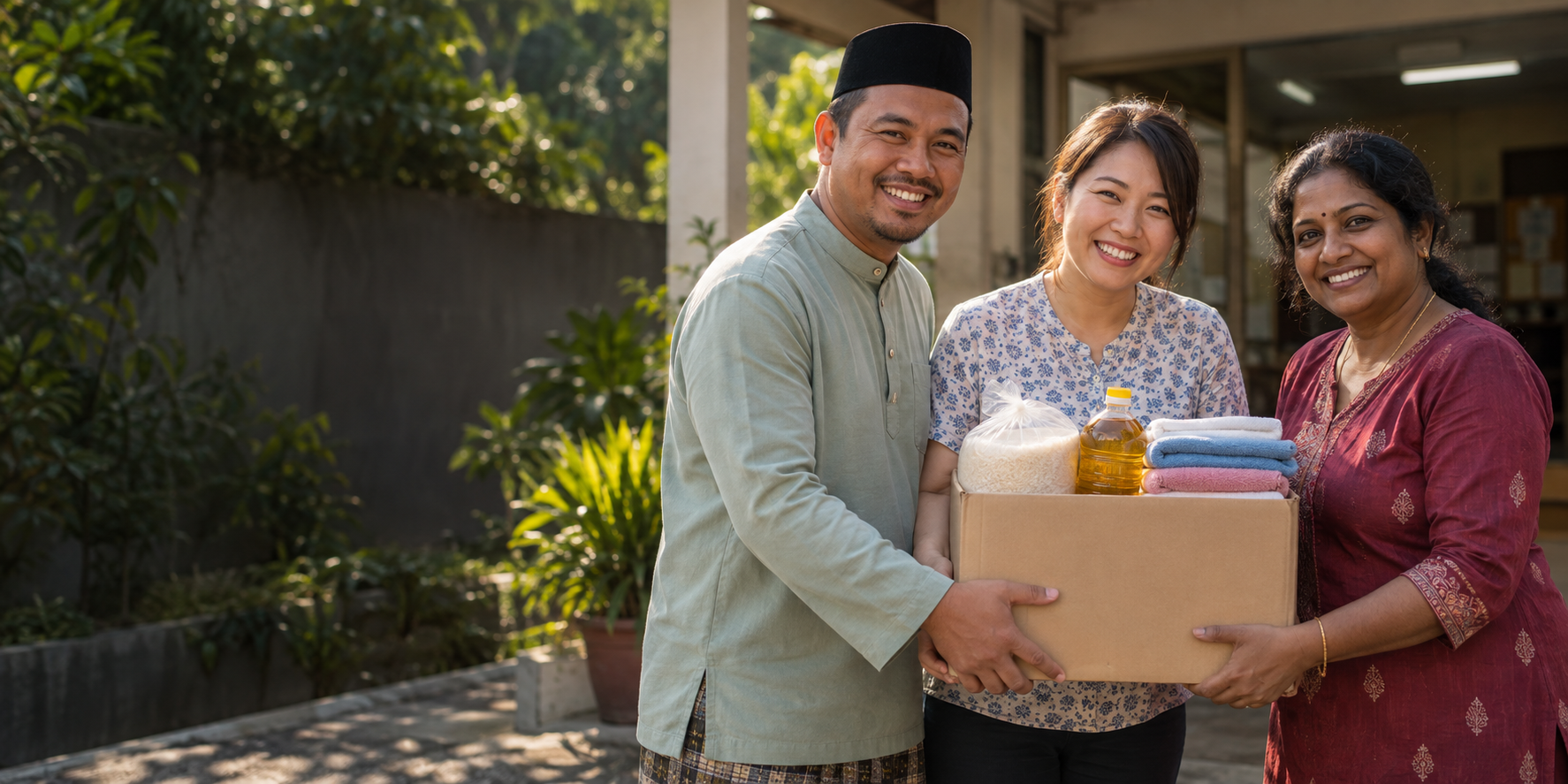 Photographic-style scene of Malay, Chinese and Indian Malaysian adults handing over essential supplies together